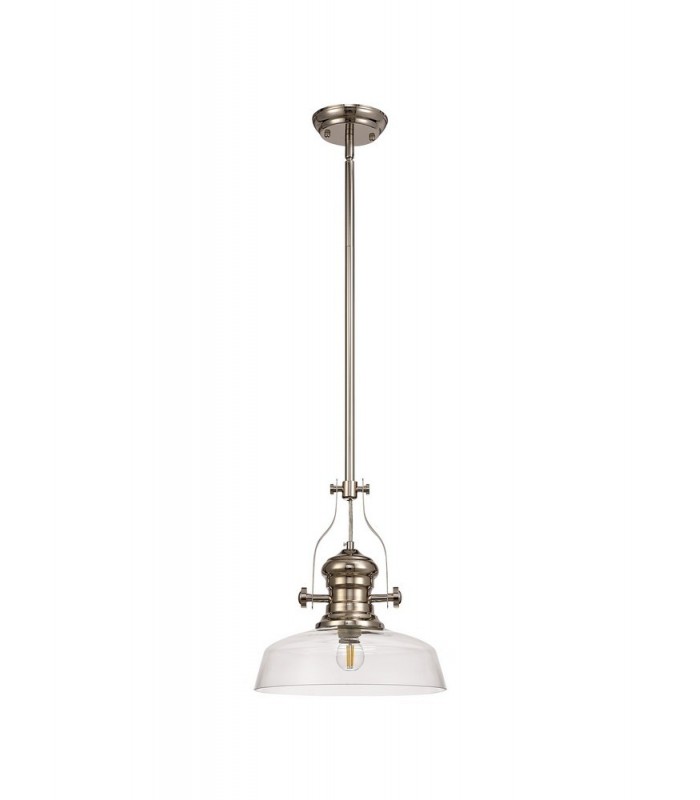 Telescopic Dome Ceiling Pendant E27 With 30cm Flat Round Glass Shade, Polished Nickel, Clear - 3