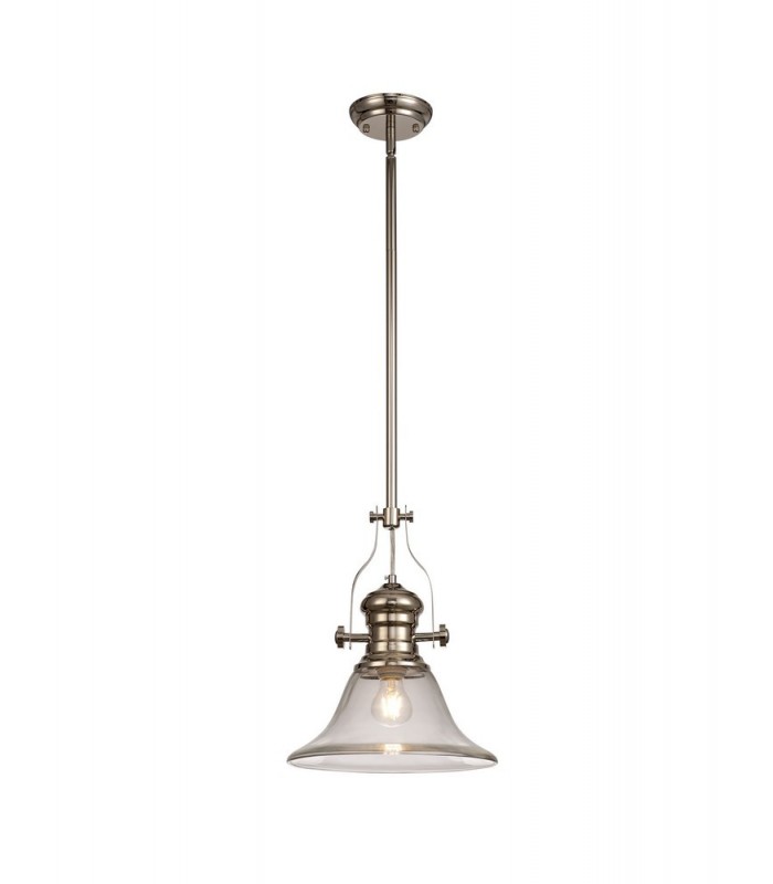 Telescopic Dome Ceiling Pendant E27 With 30cm Smooth Bell Glass Shade, Polished Nickel, Clear - 1
