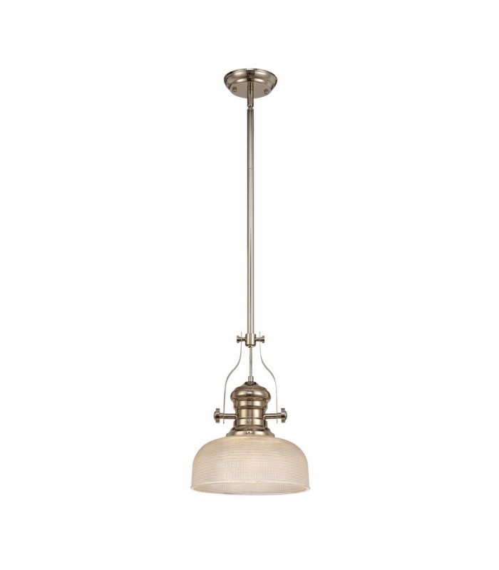 Telescopic Dome Ceiling Pendant E27 With 26.5cm Prismatic Glass Shade, Polished Nickel, Clear - 1