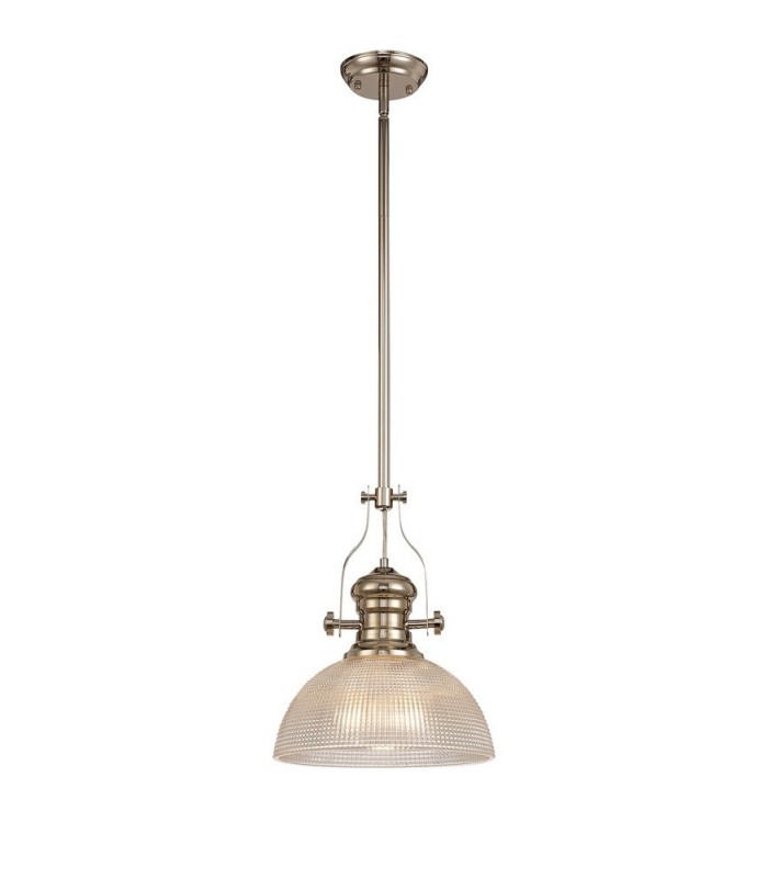 1 Light Telescopic Ceiling Pendant E27 With 30cm Prismatic Glass Shade, Polished Nickel, Clear - 1
