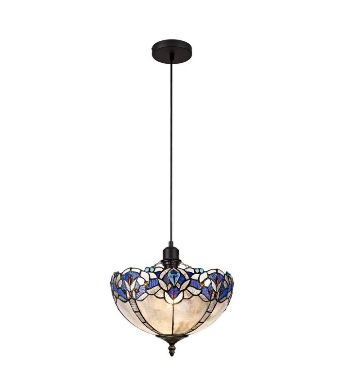 1 Light Uplighter Ceiling Pendant E27 With 30cm Tiffany Shade, Blue, Clear Crystal, Black - 1