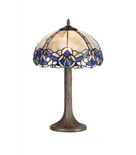 1 Light Tree Like Table Lamp E27 With 30cm Tiffany Shade, Blue, Clear Crystal, Aged Antique Brass - 1