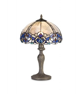 1 Light Curved Table Lamp E27 With 30cm Tiffany Shade, Blue, Clear Crystal, Aged Antique Brass - 1