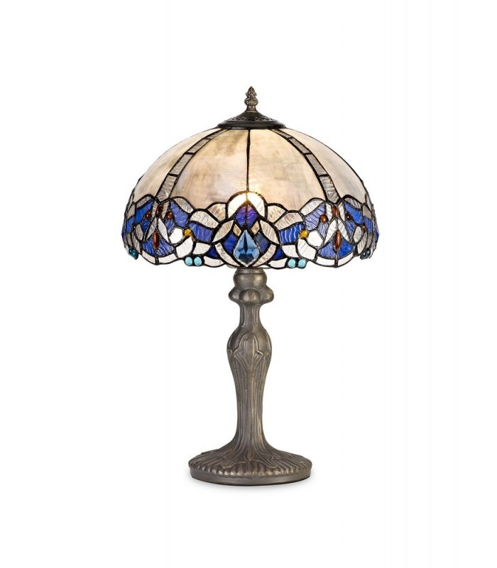 1 Light Curved Table Lamp E27 With 30cm Tiffany Shade, Blue, Clear Crystal, Aged Antique Brass - 1