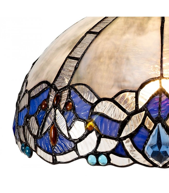 1 Light Curved Table Lamp E27 With 30cm Tiffany Shade, Blue, Clear Crystal, Aged Antique Brass - 11