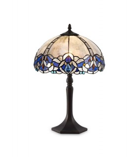 1 Light Octagonal Table Lamp E27 With 30cm Tiffany Shade, Blue, Clear Crystal, Aged Antique Brass - 1
