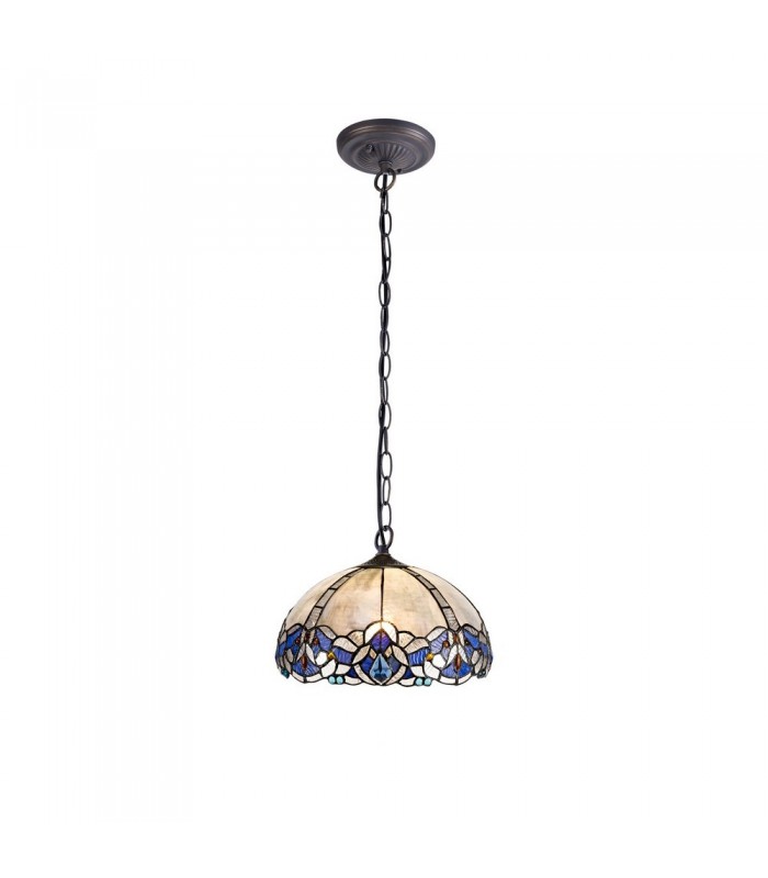 1 Light Downlight Ceiling Pendant E27 With 30cm Tiffany Shade, Blue, Clear Crystal, Aged Antique Brass - 1