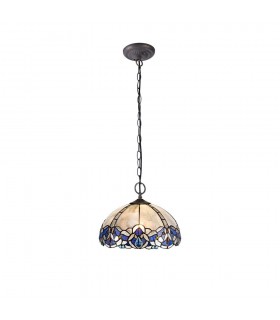 2 Light Downlight Ceiling Pendant E27 With 30cm Tiffany Shade, Blue, Clear Crystal, Aged Antique Brass - 1