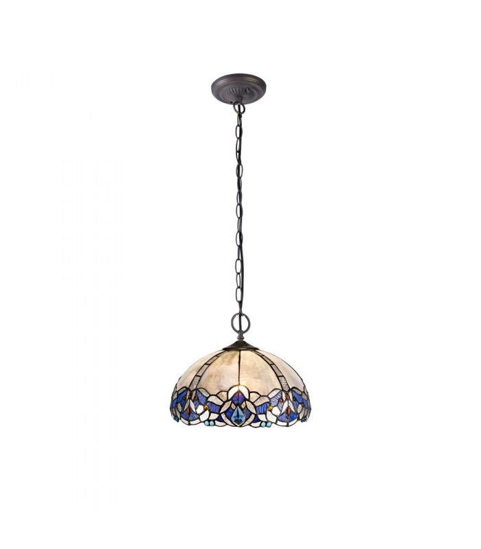 2 Light Downlight Ceiling Pendant E27 With 30cm Tiffany Shade, Blue, Clear Crystal, Aged Antique Brass - 1