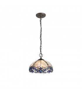 3 Light Downlight Ceiling Pendant E27 With 30cm Tiffany Shade, Blue, Clear Crystal, Aged Antique Brass - 1