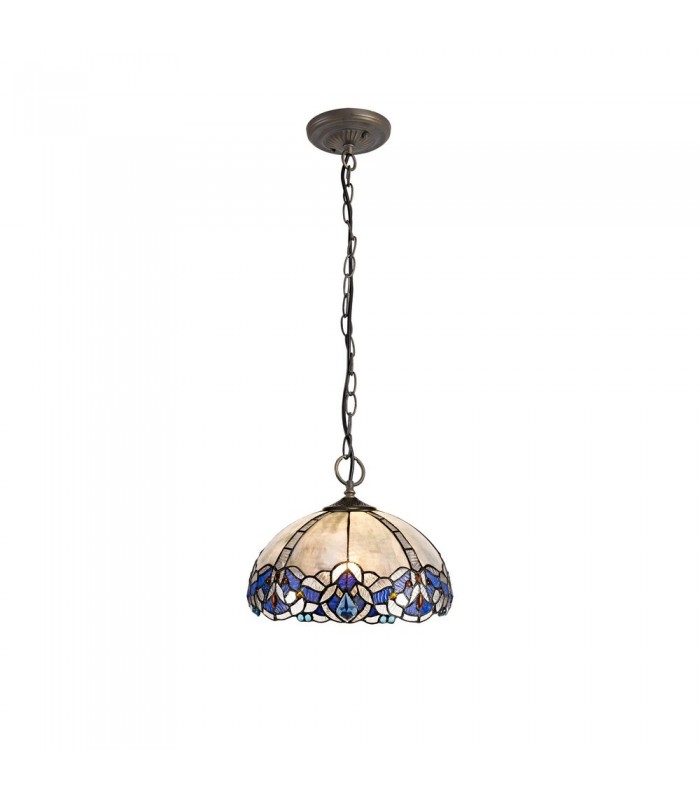 3 Light Downlight Ceiling Pendant E27 With 30cm Tiffany Shade, Blue, Clear Crystal, Aged Antique Brass - 1