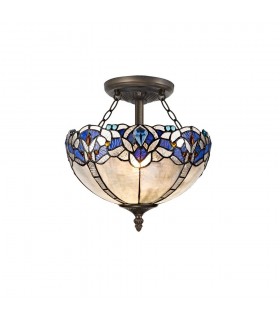 2 Light Semi Flush Ceiling E27 With 30cm Tiffany Shade, Blue, Clear Crystal, Aged Antique Brass - 1