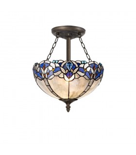 3 Light Semi Flush Ceiling E27 With 30cm Tiffany Shade, Blue, Clear Crystal, Aged Antique Brass - 1