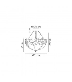 3 Light Semi Flush Ceiling E27 With 30cm Tiffany Shade, Blue, Clear Crystal, Aged Antique Brass - 2