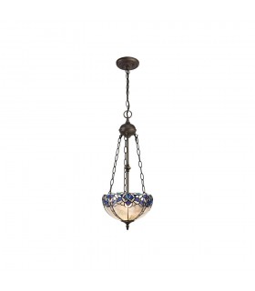 2 Light Uplighter Ceiling Pendant E27 With 30cm Tiffany Shade, Blue, Clear Crystal, Aged Antique Brass - 1