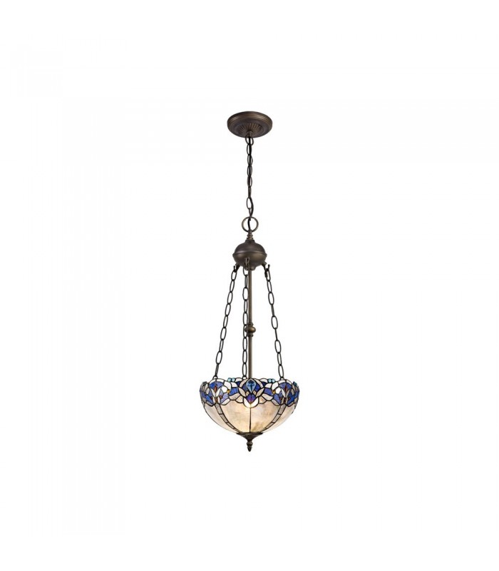 2 Light Uplighter Ceiling Pendant E27 With 30cm Tiffany Shade, Blue, Clear Crystal, Aged Antique Brass - 1