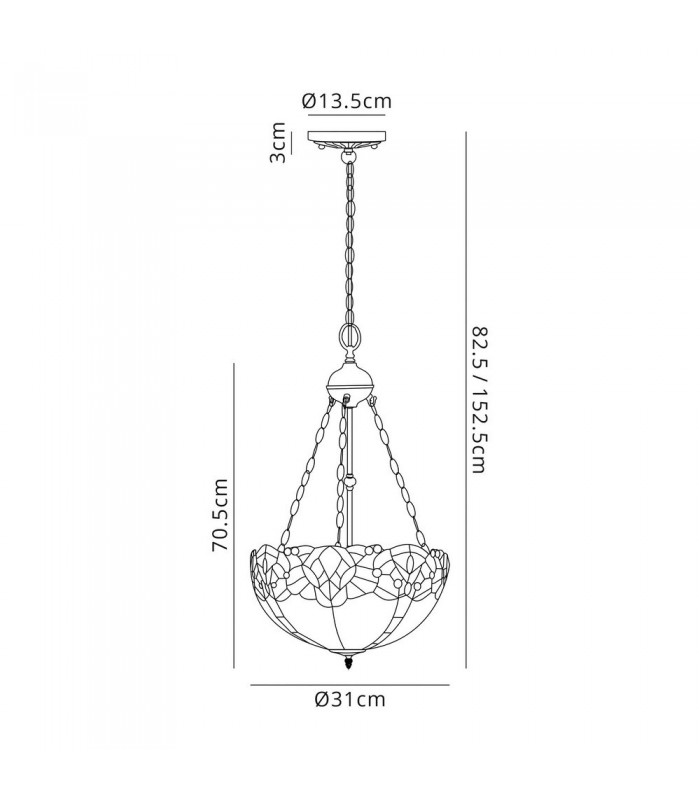 2 Light Uplighter Ceiling Pendant E27 With 30cm Tiffany Shade, Blue, Clear Crystal, Aged Antique Brass - 2