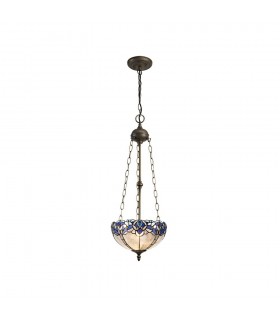 3 Light Uplighter Ceiling Pendant E27 With 30cm Tiffany Shade, Blue, Clear Crystal, Aged Antique Brass - 1