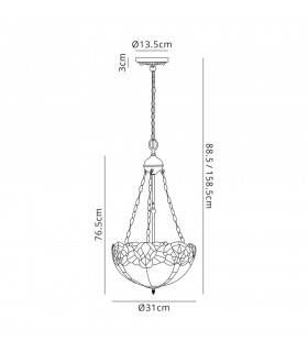 3 Light Uplighter Ceiling Pendant E27 With 30cm Tiffany Shade, Blue, Clear Crystal, Aged Antique Brass - 2