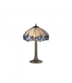 2 Light Tree Like Table Lamp E27 With 40cm Tiffany Shade, Blue, Clear Crystal, Aged Antique Brass - 1