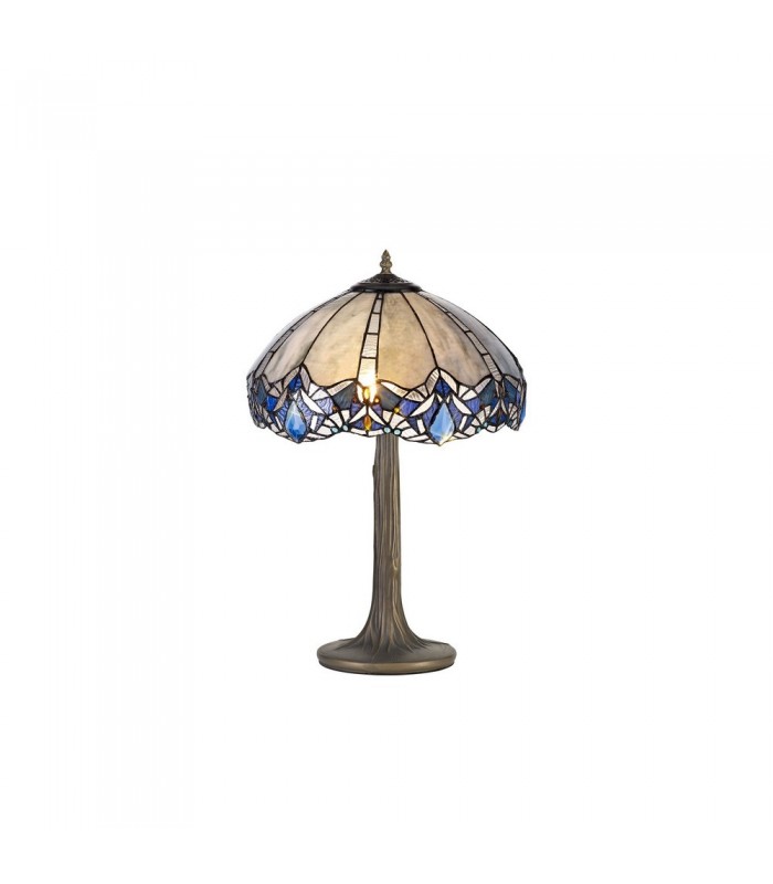 2 Light Tree Like Table Lamp E27 With 40cm Tiffany Shade, Blue, Clear Crystal, Aged Antique Brass - 1