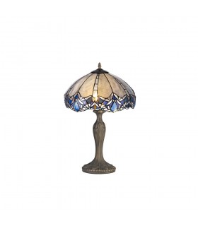 2 Light Curved Table Lamp E27 With 40cm Tiffany Shade, Blue, Clear Crystal, Aged Antique Brass - 1