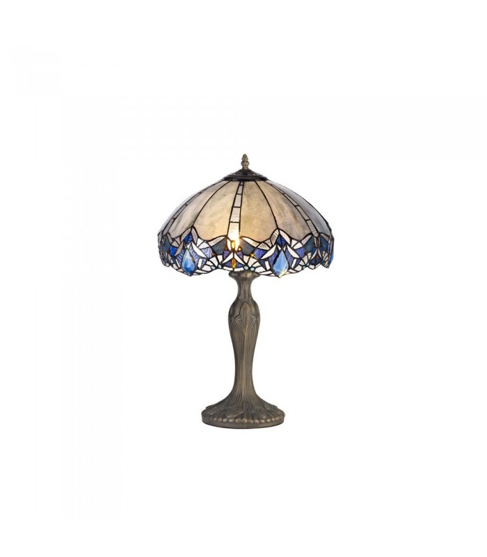 2 Light Curved Table Lamp E27 With 40cm Tiffany Shade, Blue, Clear Crystal, Aged Antique Brass - 1