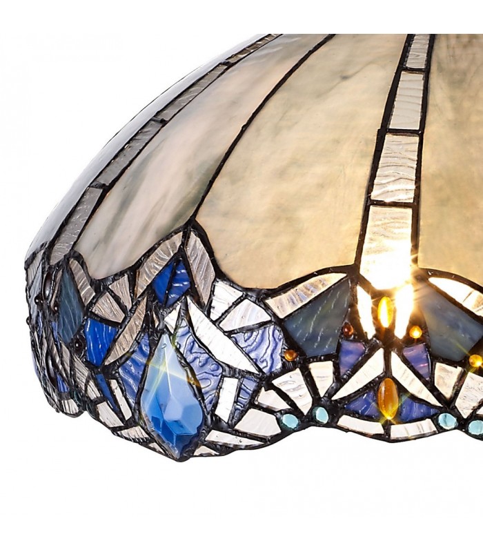 2 Light Curved Table Lamp E27 With 40cm Tiffany Shade, Blue, Clear Crystal, Aged Antique Brass - 11