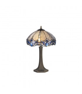 2 Light Octagonal Table Lamp E27 With 40cm Tiffany Shade, Blue, Clear Crystal, Aged Antique Brass - 1