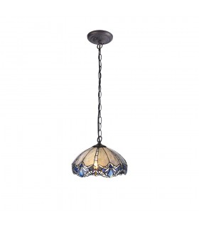 1 Light Downlight Ceiling Pendant E27 With 40cm Tiffany Shade, Blue, Clear Crystal, Aged Antique Brass - 1