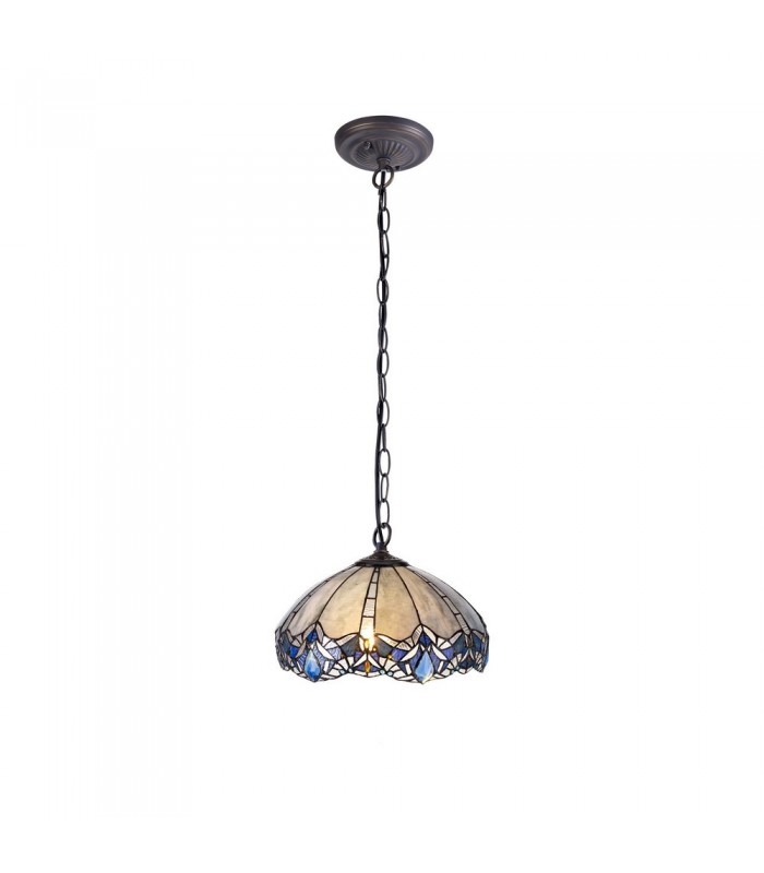 1 Light Downlight Ceiling Pendant E27 With 40cm Tiffany Shade, Blue, Clear Crystal, Aged Antique Brass - 1