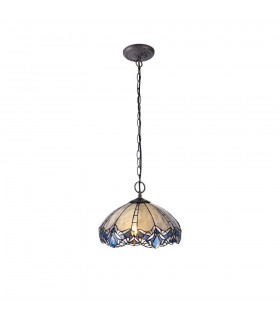 2 Light Downlight Ceiling Pendant E27 With 40cm Tiffany Shade, Blue, Clear Crystal, Aged Antique Brass - 1