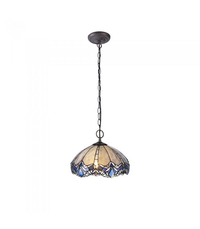 2 Light Downlight Ceiling Pendant E27 With 40cm Tiffany Shade, Blue, Clear Crystal, Aged Antique Brass - 1