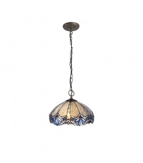 3 Light Downlight Ceiling Pendant E27 With 40cm Tiffany Shade, Blue, Clear Crystal, Aged Antique Brass - 1