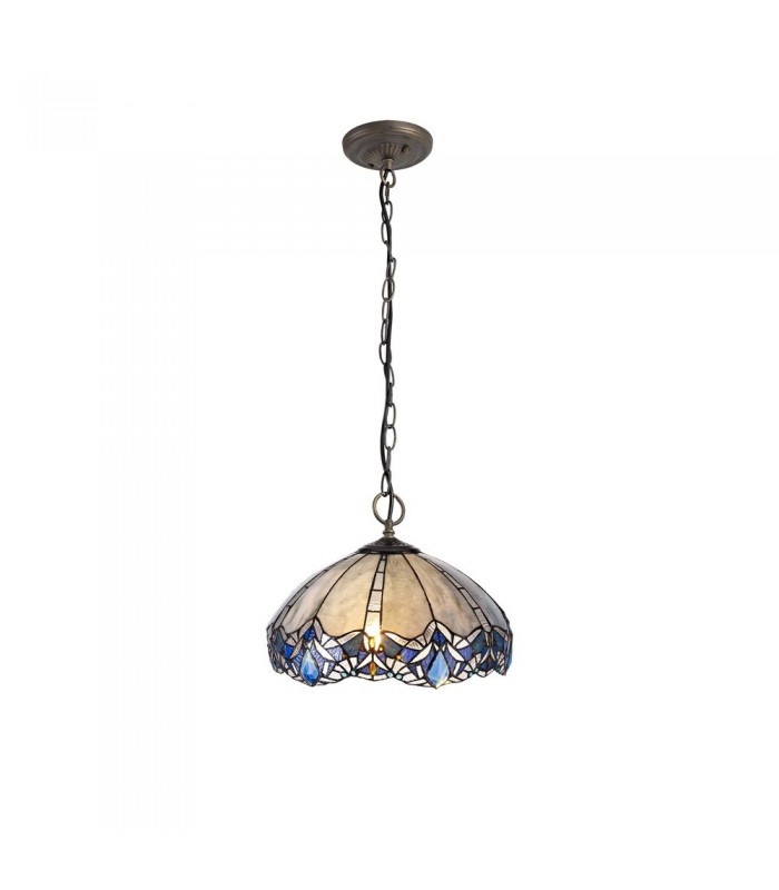 3 Light Downlight Ceiling Pendant E27 With 40cm Tiffany Shade, Blue, Clear Crystal, Aged Antique Brass - 1