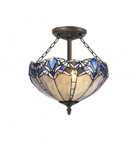 3 Light Semi Flush Ceiling E27 With 40cm Tiffany Shade, Blue, Clear Crystal, Aged Antique Brass - 1