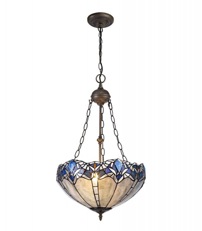 2 Light Uplighter Ceiling Pendant E27 With 40cm Tiffany Shade, Blue, Clear Crystal, Aged Antique Brass - 1