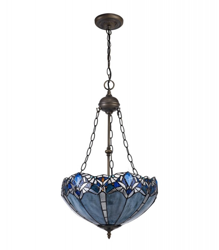 2 Light Uplighter Ceiling Pendant E27 With 40cm Tiffany Shade, Blue, Clear Crystal, Aged Antique Brass - 3