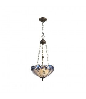 3 Light Uplighter Ceiling Pendant E27 With 40cm Tiffany Shade, Blue, Clear Crystal, Aged Antique Brass - 1