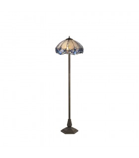 2 Light Octagonal Floor Lamp E27 With 40cm Tiffany Shade, Blue, Clear Crystal, Aged Antique Brass - 1