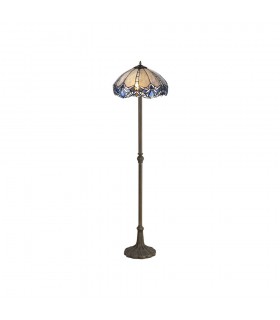 2 Light Leaf Design Floor Lamp E27 With 40cm Tiffany Shade, Blue, Clear Crystal, Aged Antique Brass - 1