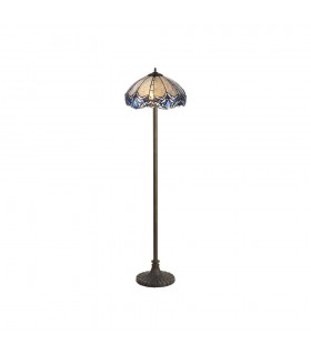 2 Light Stepped Design Floor Lamp E27 With 40cm Tiffany Shade, Blue, Clear Crystal, Aged Antique Brass - 1