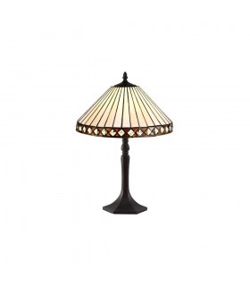 1 Light Octagonal Table Lamp E27 With 30cm Tiffany Shade, Amber, Crystal, Aged Antique Brass - 1