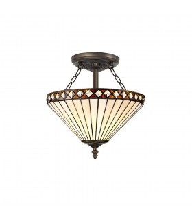 2 Light Semi Flush Ceiling E27 With 30cm Tiffany Shade, Amber, Crystal, Aged Antique Brass - 1