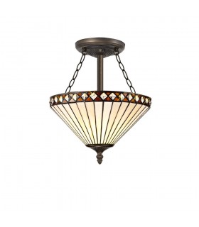 3 Light Semi Flush Ceiling E27 With 30cm Tiffany Shade, Amber, Crystal, Aged Antique Brass - 1