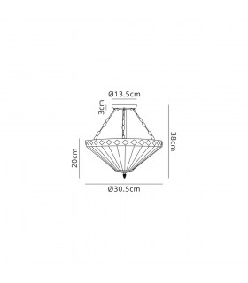 3 Light Semi Flush Ceiling E27 With 30cm Tiffany Shade, Amber, Crystal, Aged Antique Brass - 2