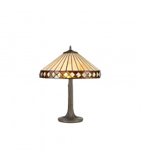 2 Light Tree Like Table Lamp E27 With 40cm Tiffany Shade, Amber, Crystal, Aged Antique Brass - 1