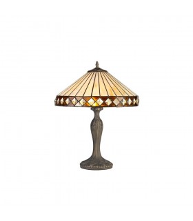 2 Light Curved Table Lamp E27 With 40cm Tiffany Shade, Amber, Crystal, Aged Antique Brass - 1