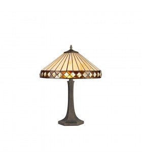 2 Light Octagonal Table Lamp E27 With 40cm Tiffany Shade, Amber, Crystal, Aged Antique Brass - 1