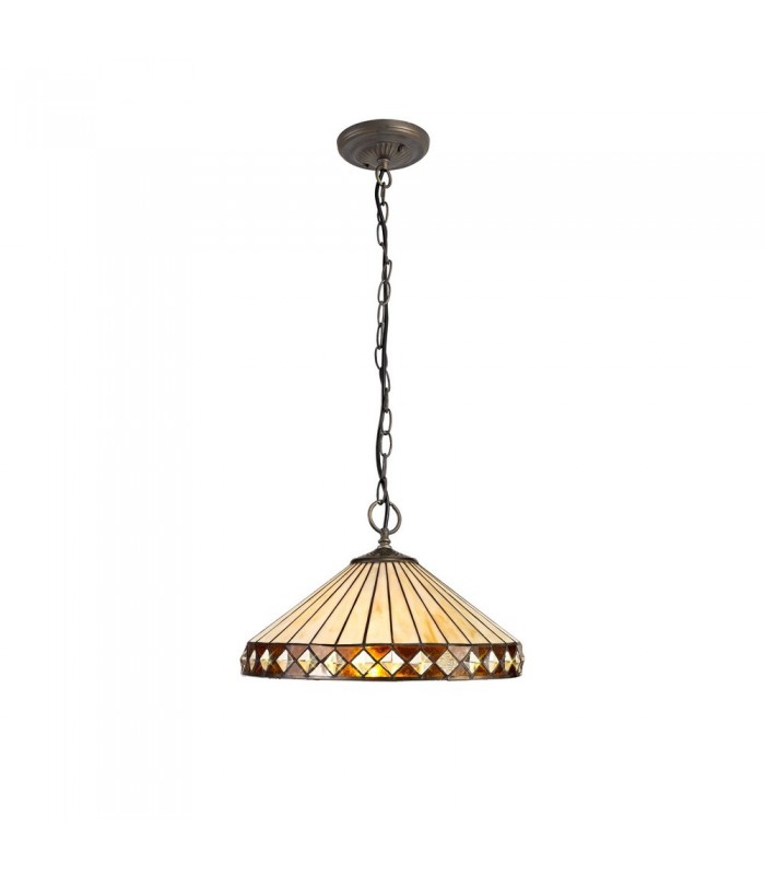 3 Light Downlighter Ceiling Pendant E27 With 40cm Tiffany Shade, Amber, Crystal, Aged Antique Brass - 1